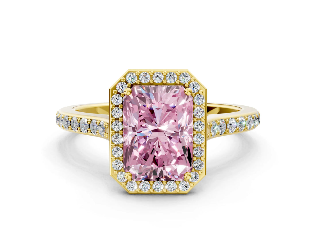 Yellow gold Fancy Pink Radiant Cut Halo Round Diamond Pavé Band with Four-Prong Setting_3