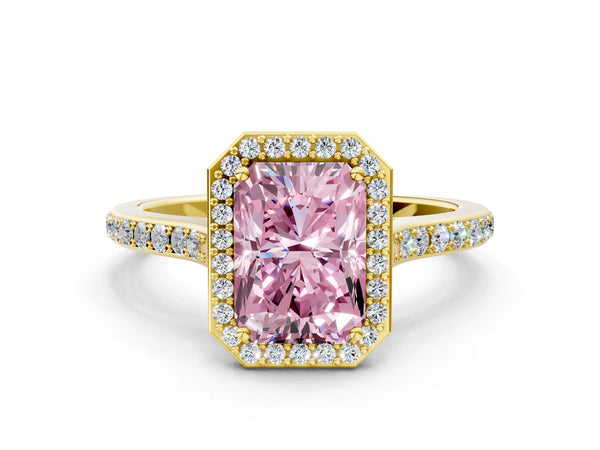 Yellow gold Fancy Pink Radiant Cut Halo Round Diamond Pavé Band with Four-Prong Setting