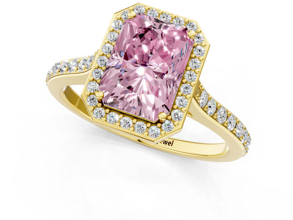 Yellow gold Fancy Pink Radiant Cut Halo Round Diamond Pavé Band with Four-Prong Setting