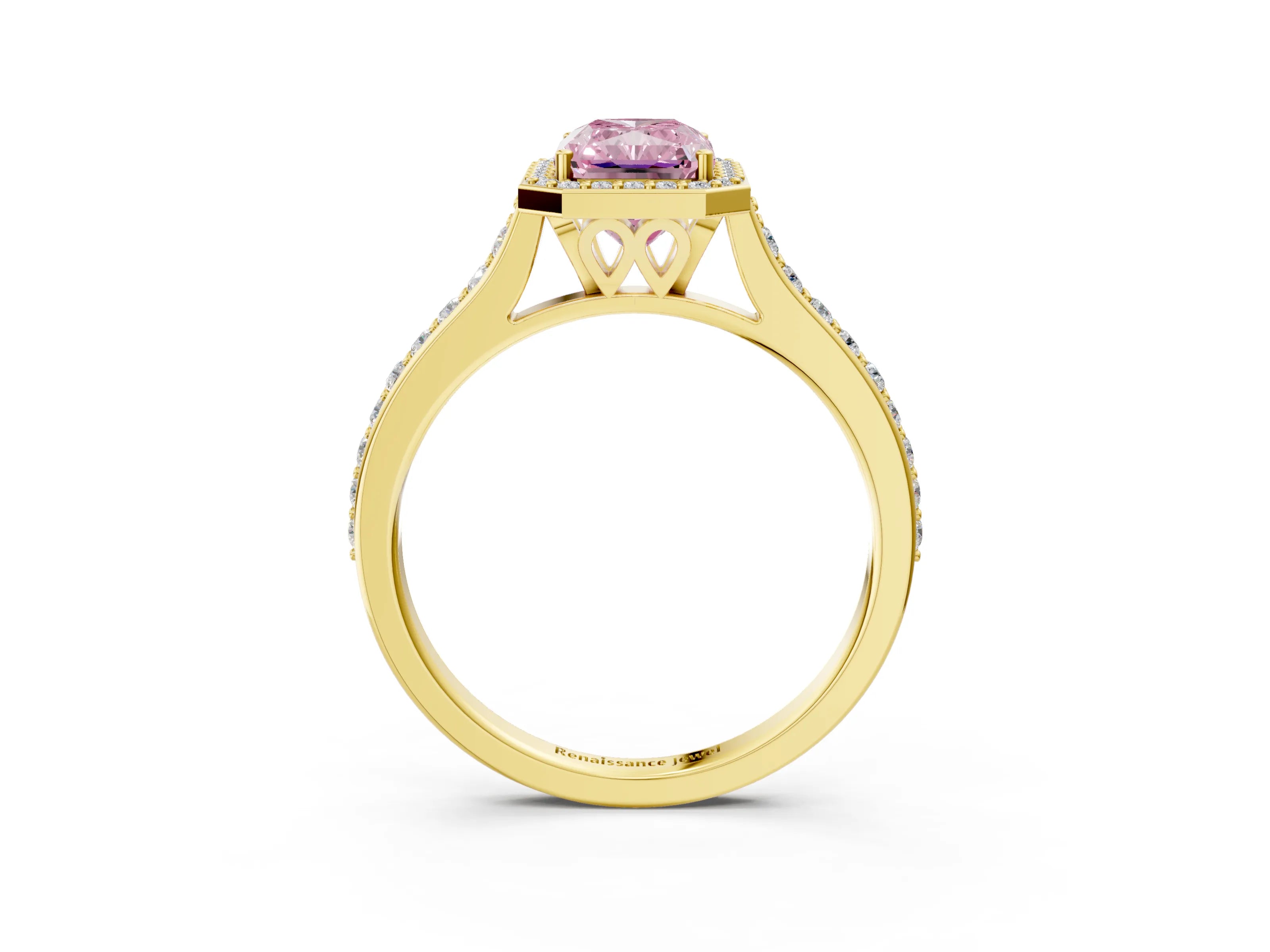 Yellow gold Fancy Pink Radiant Cut Halo Round Diamond Pavé Band with Four-Prong Setting_6