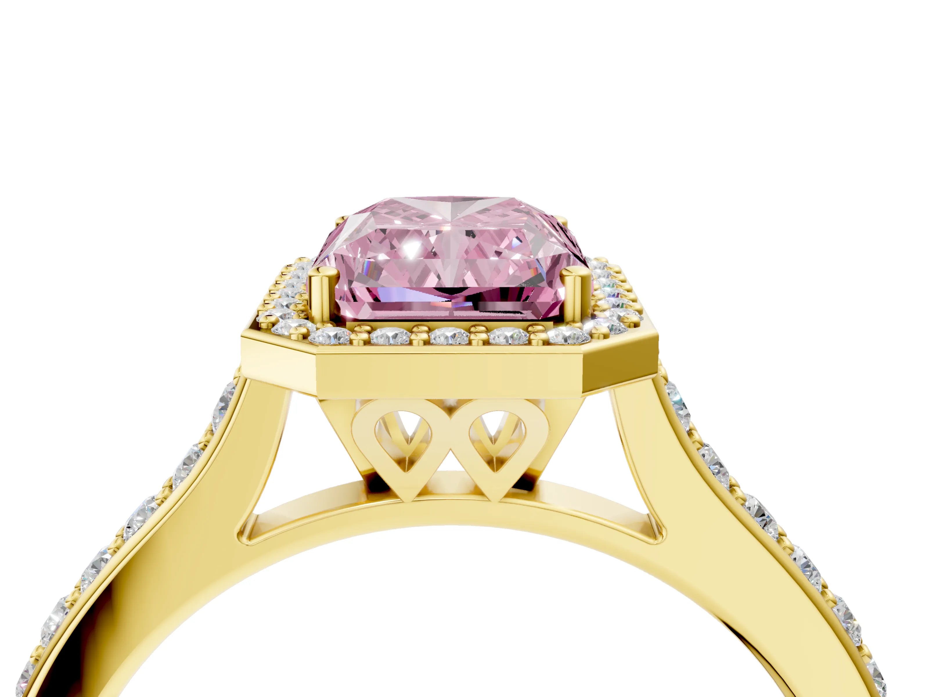 Yellow gold Fancy Pink Radiant Cut Halo Round Diamond Pavé Band with Four-Prong Setting_7