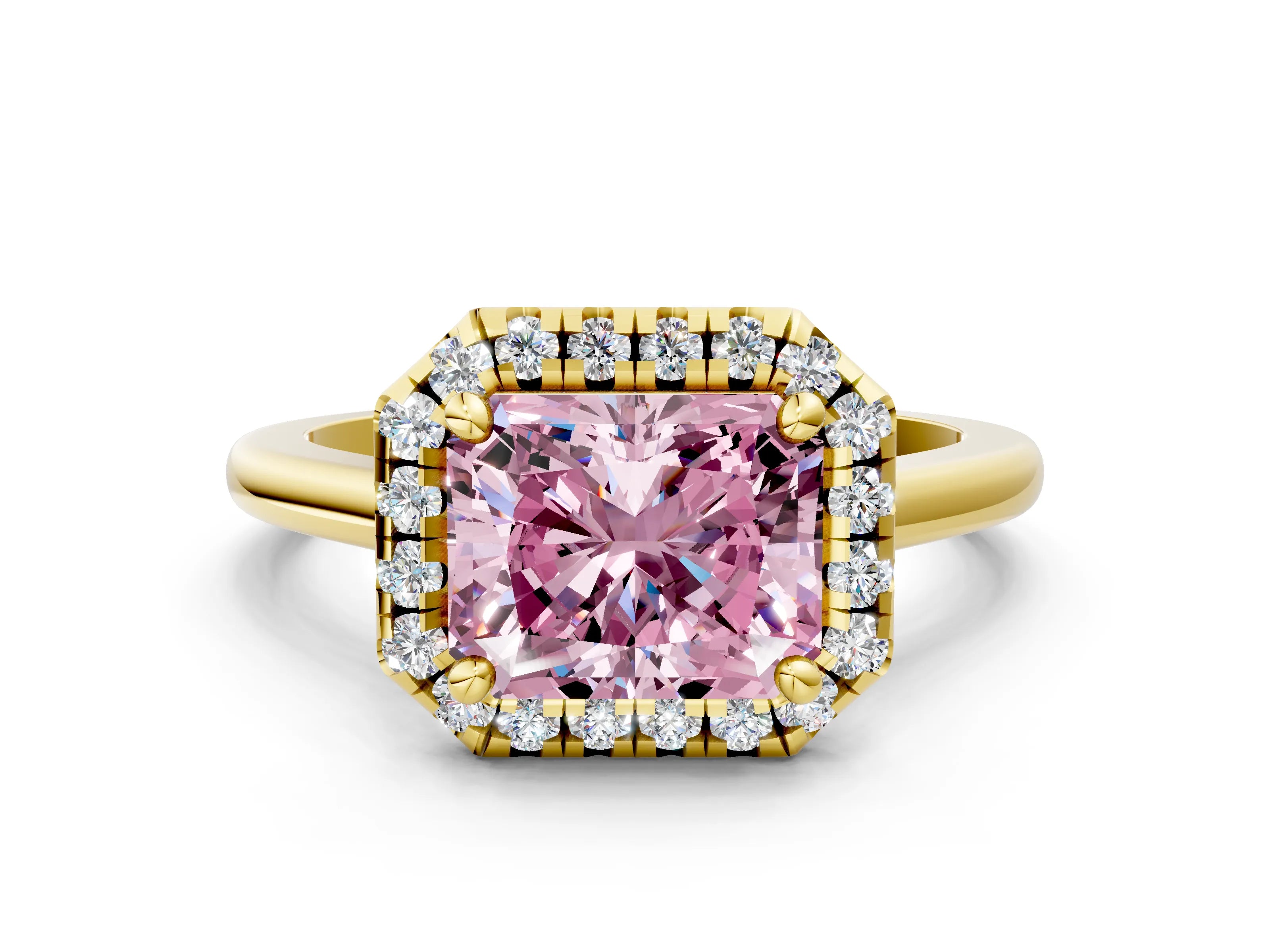 Yellow gold Fancy Pink Radiant Cut Halo Round Diamond Solitaire Engagement Ring with Pave Band and Four-Prong Setting_12