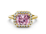 Yellow gold Fancy Pink Radiant Cut Halo Round Diamond Solitaire Engagement Ring with Pave Band and Four-Prong Setting_12