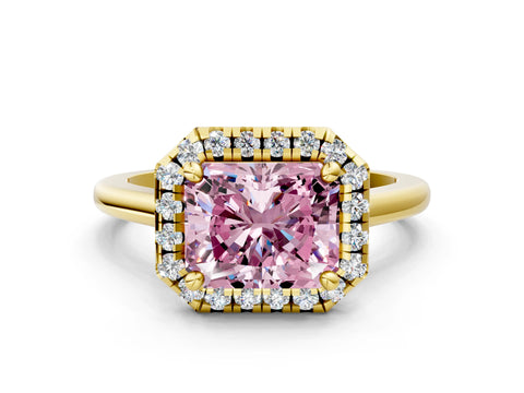 Yellow gold Fancy Pink Radiant Cut Halo Round Diamond Solitaire Engagement Ring with Pave Band and Four-Prong Setting_12