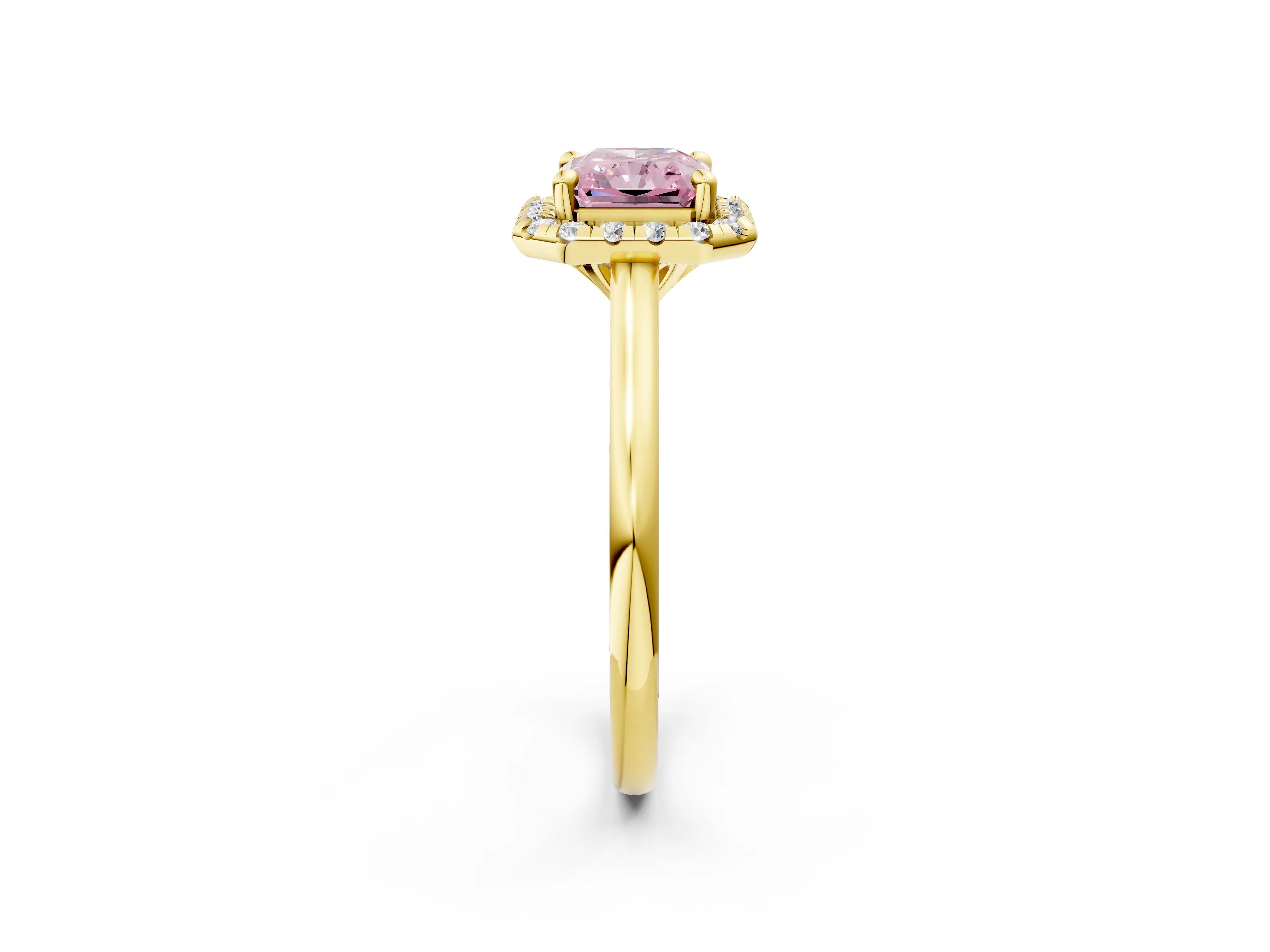 Yellow gold Fancy Pink Radiant Cut Halo Round Diamond Solitaire Engagement Ring with Pave Band and Four-Prong Setting_14
