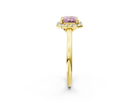 Yellow gold Fancy Pink Radiant Cut Halo Round Diamond Solitaire Engagement Ring with Pave Band and Four-Prong Setting_14