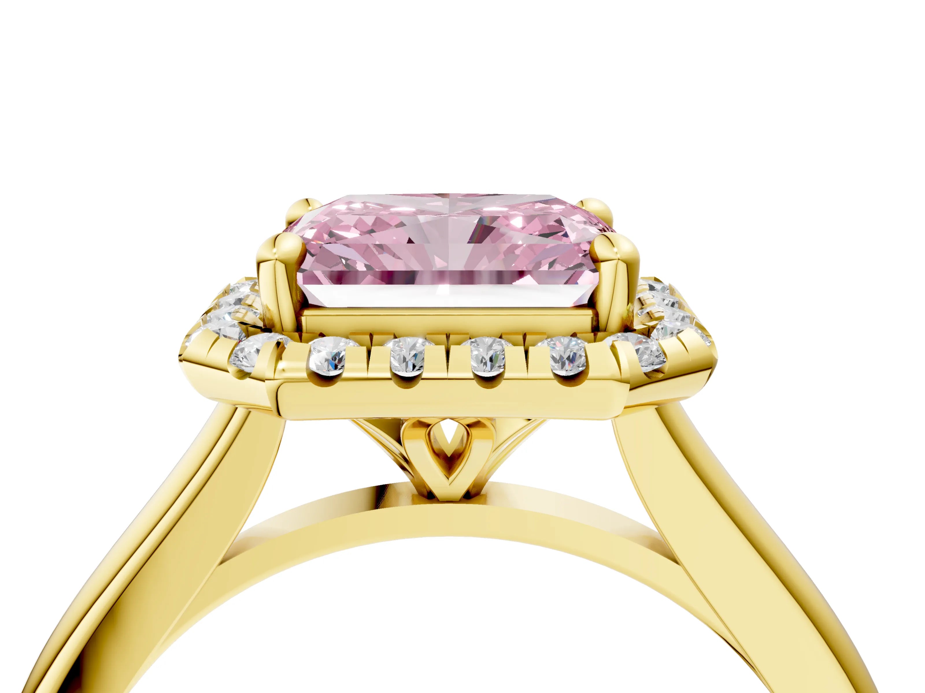 Yellow gold Fancy Pink Radiant Cut Halo Round Diamond Solitaire Engagement Ring with Pave Band and Four-Prong Setting_16