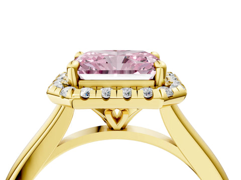 Yellow gold Fancy Pink Radiant Cut Halo Round Diamond Solitaire Engagement Ring with Pave Band and Four-Prong Setting_16