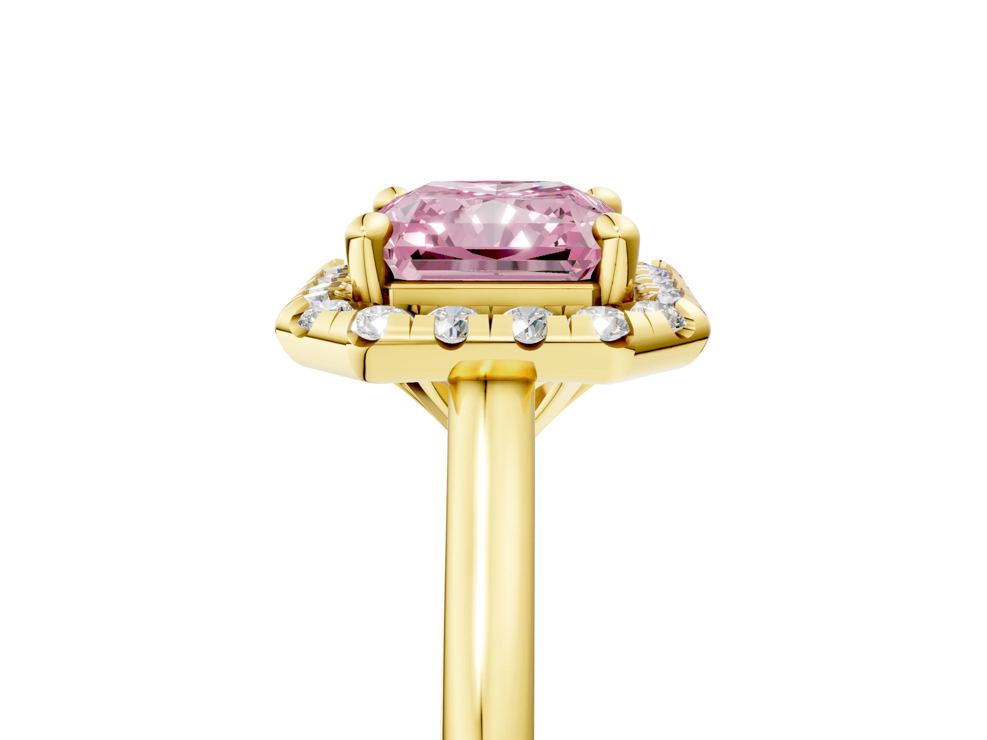 Yellow gold Fancy Pink Radiant Cut Halo Round Diamond Solitaire Engagement Ring with Pave Band and Four-Prong Setting_17