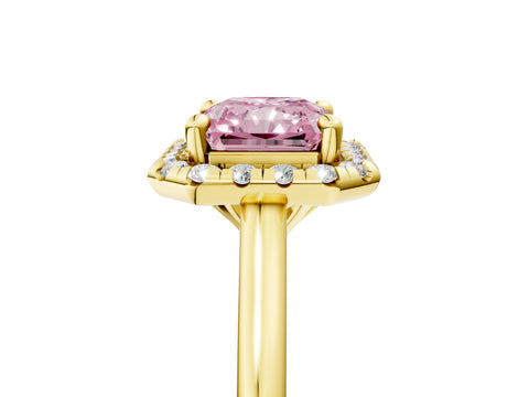 Yellow gold Fancy Pink Radiant Cut Halo Round Diamond Solitaire Engagement Ring with Pave Band and Four-Prong Setting_17