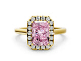 Yellow gold Fancy Pink Radiant Cut Halo Round Diamond Solitaire Ring with Pavé Band and Four-Prong Setting