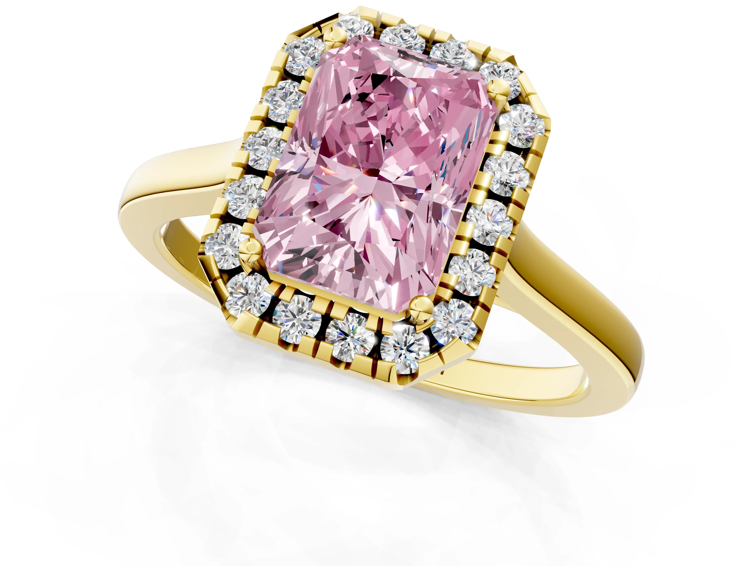 Yellow gold Fancy Pink Radiant Cut Halo Round Diamond Solitaire Ring with Pavé Band and Four-Prong Setting_1