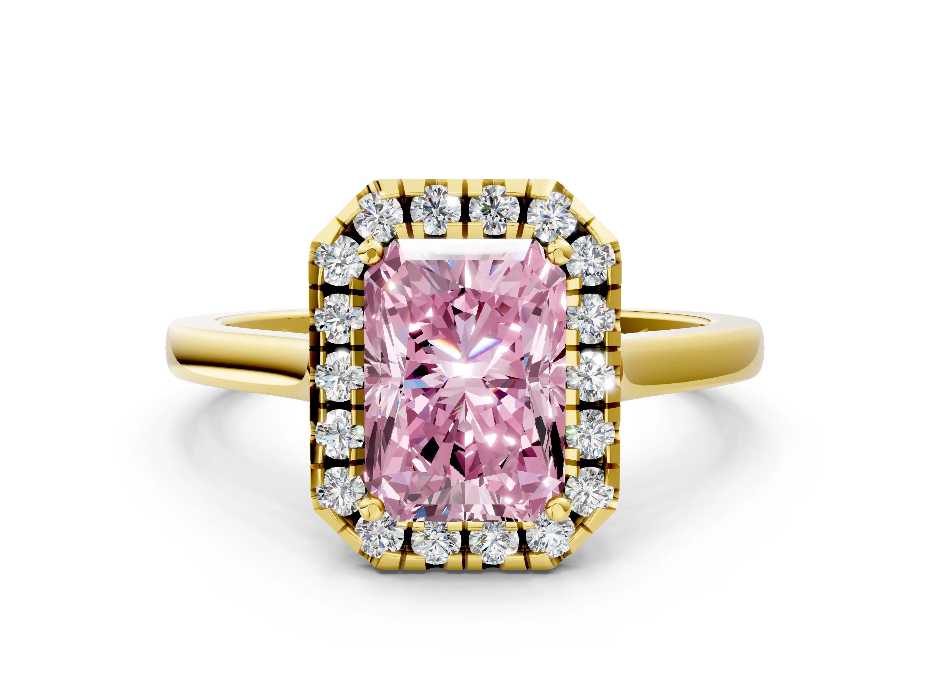 Yellow gold Fancy Pink Radiant Cut Halo Round Diamond Solitaire Ring with Pavé Band and Four-Prong Setting_12