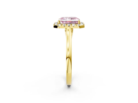 Yellow gold Fancy Pink Radiant Cut Halo Round Diamond Solitaire Ring with Pavé Band and Four-Prong Setting_14