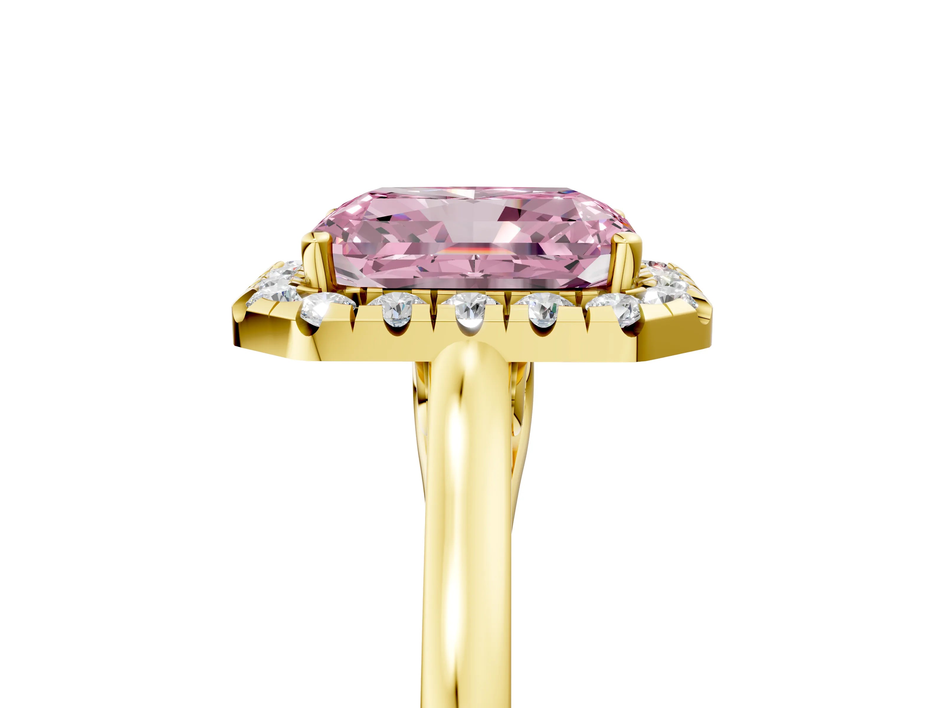 Yellow gold Fancy Pink Radiant Cut Halo Round Diamond Solitaire Ring with Pavé Band and Four-Prong Setting_17