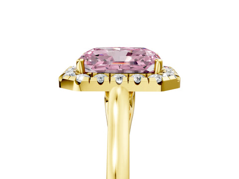 Yellow gold Fancy Pink Radiant Cut Halo Round Diamond Solitaire Ring with Pavé Band and Four-Prong Setting_17