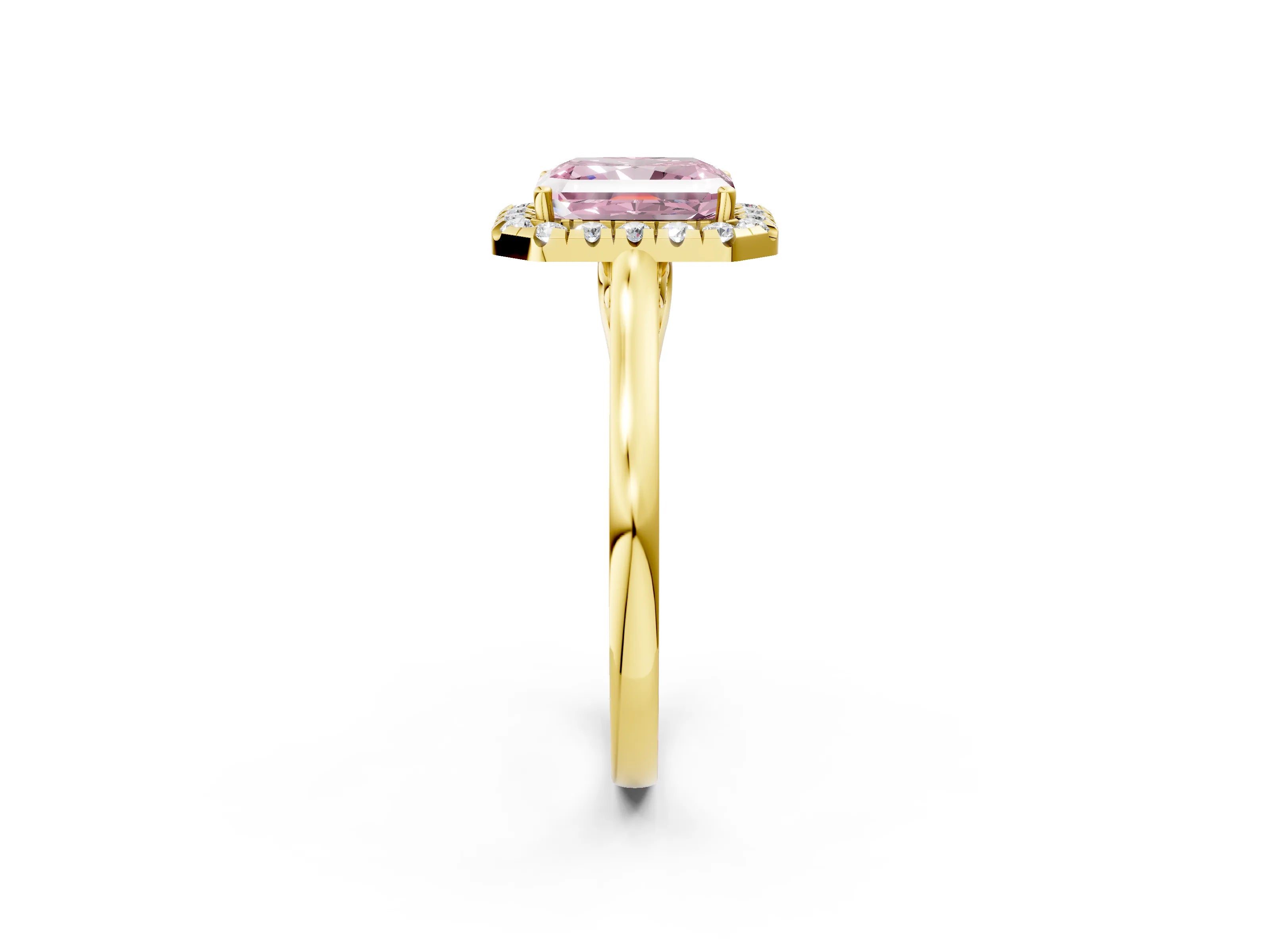 Yellow gold Fancy Pink Radiant Cut Halo Round Diamond Solitaire Ring with Pavé Band and Four-Prong Setting_2