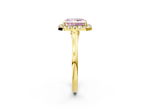Yellow gold Fancy Pink Radiant Cut Halo Round Diamond Solitaire Ring with Pavé Band and Four-Prong Setting