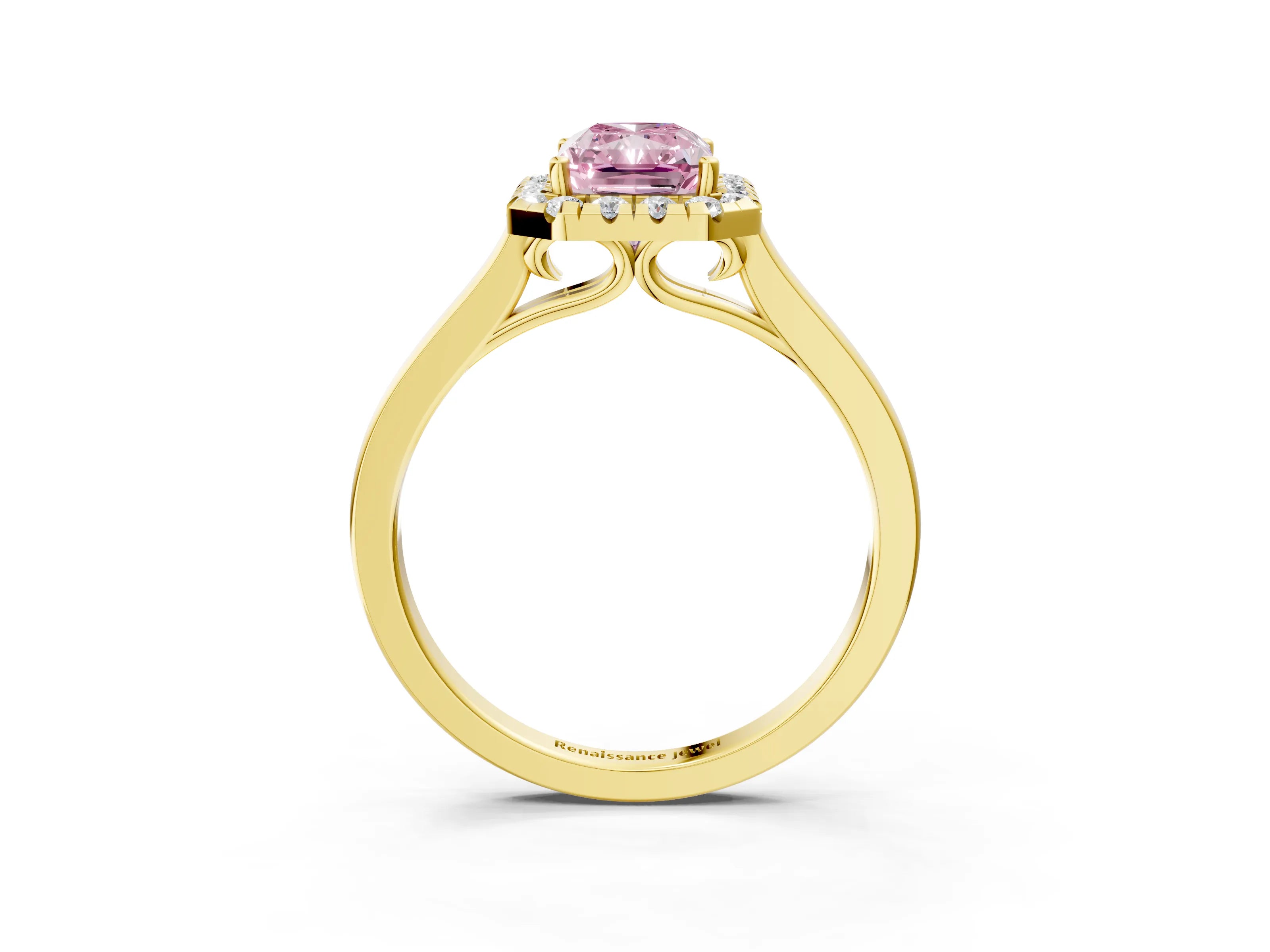 Yellow gold Fancy Pink Radiant Cut Halo Round Diamond Solitaire Ring with Pavé Band and Four-Prong Setting_3