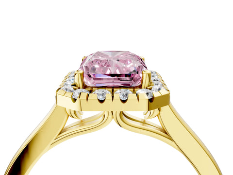 Yellow gold Fancy Pink Radiant Cut Halo Round Diamond Solitaire Ring with Pavé Band and Four-Prong Setting_4