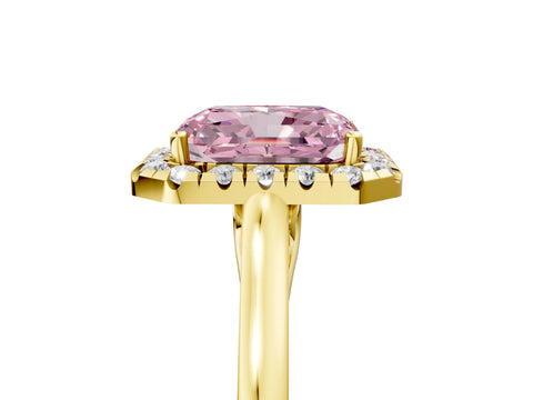 Yellow gold Fancy Pink Radiant Cut Halo Round Diamond Solitaire Ring with Pavé Band and Four-Prong Setting_5
