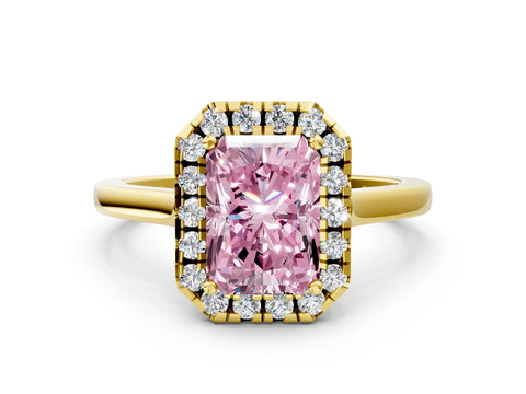 Yellow gold Fancy Pink Radiant Cut Halo Round Diamond Solitaire Ring with Pavé Band and Four-Prong Setting