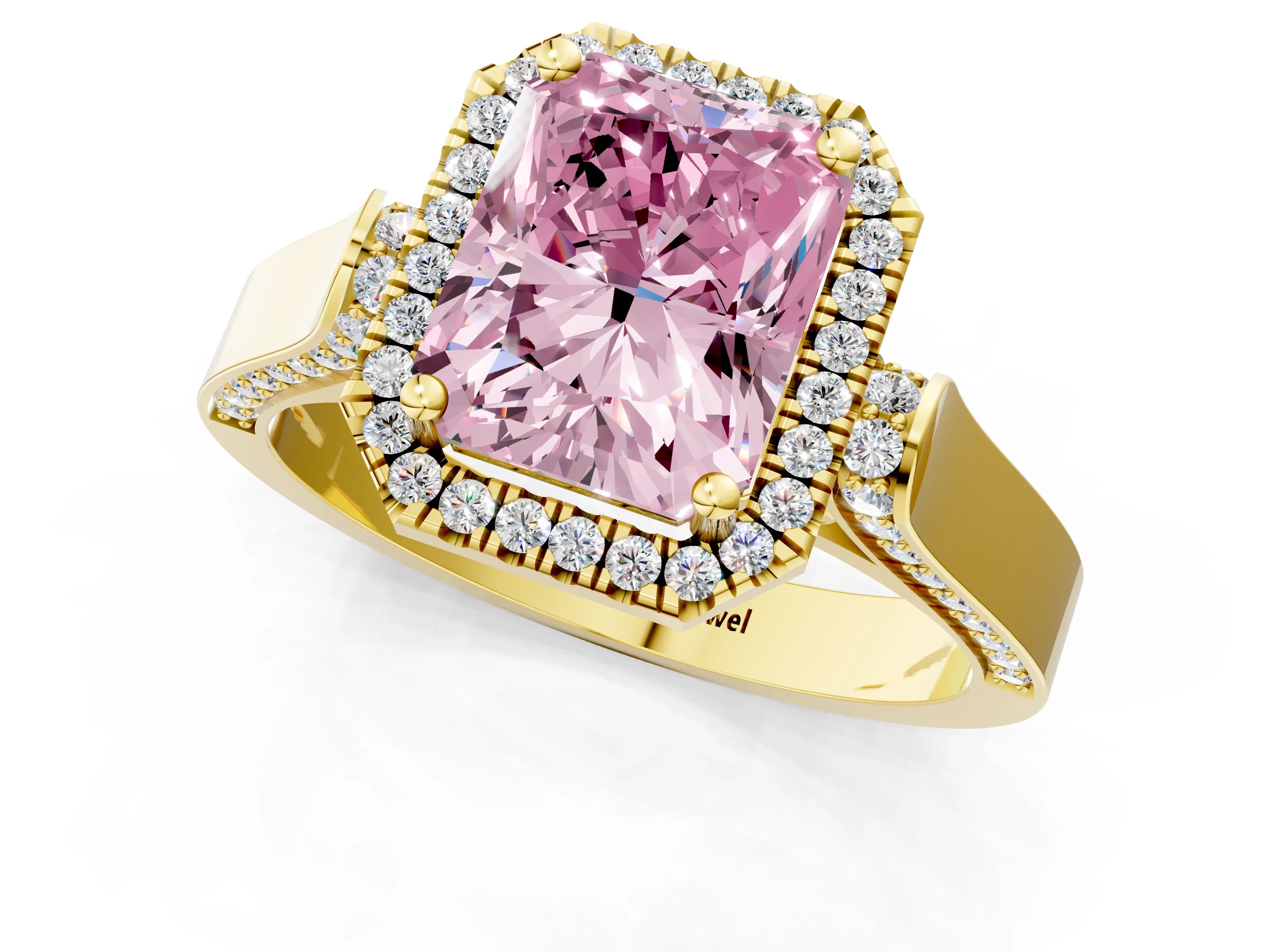 Yellow gold Fancy Pink Radiant Cut Halo Round Diamond Twist Band with Four-Prong Setting_1