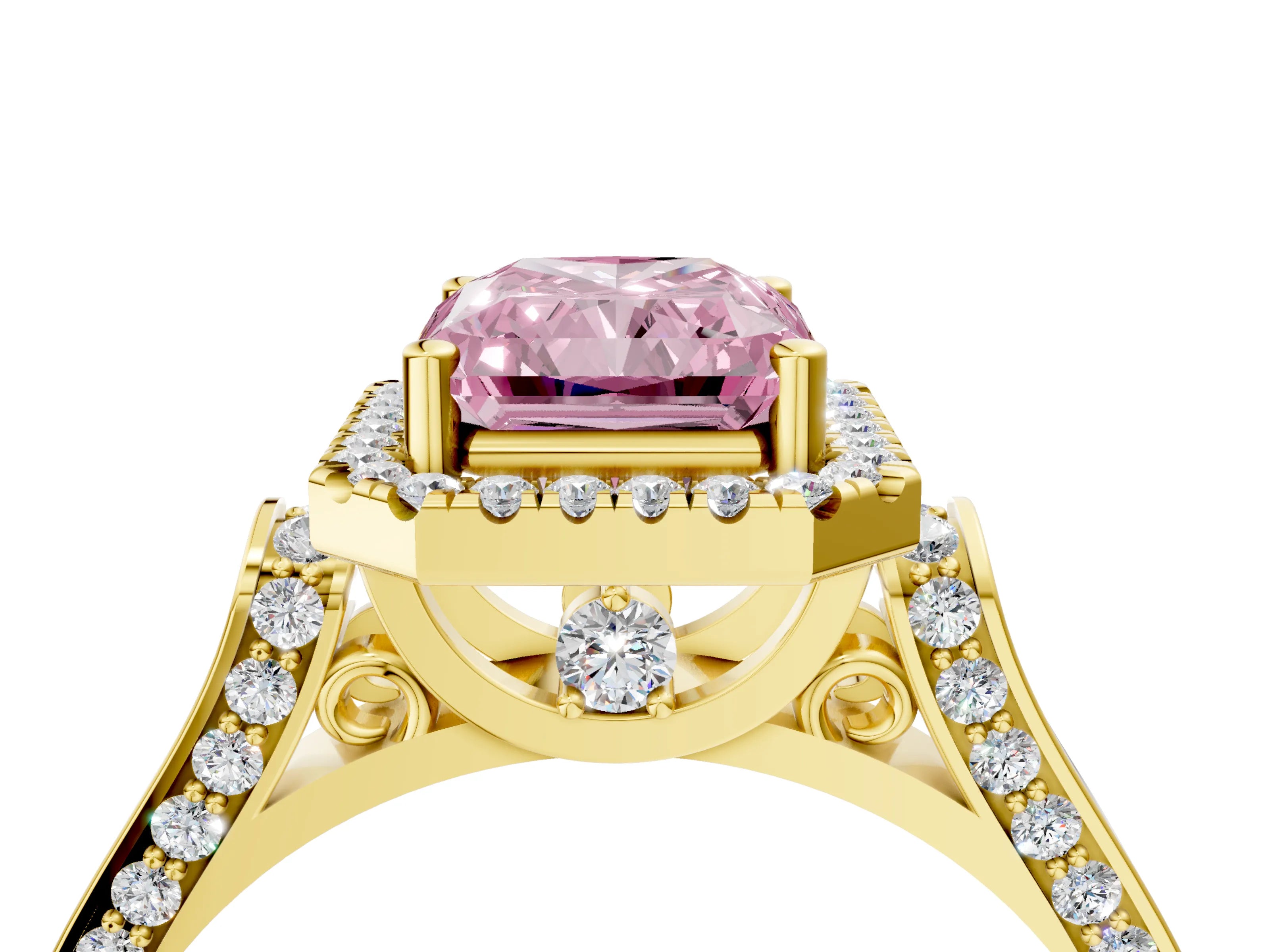 Yellow gold Fancy Pink Radiant Cut Halo Round Diamond Twist Band with Four-Prong Setting_4
