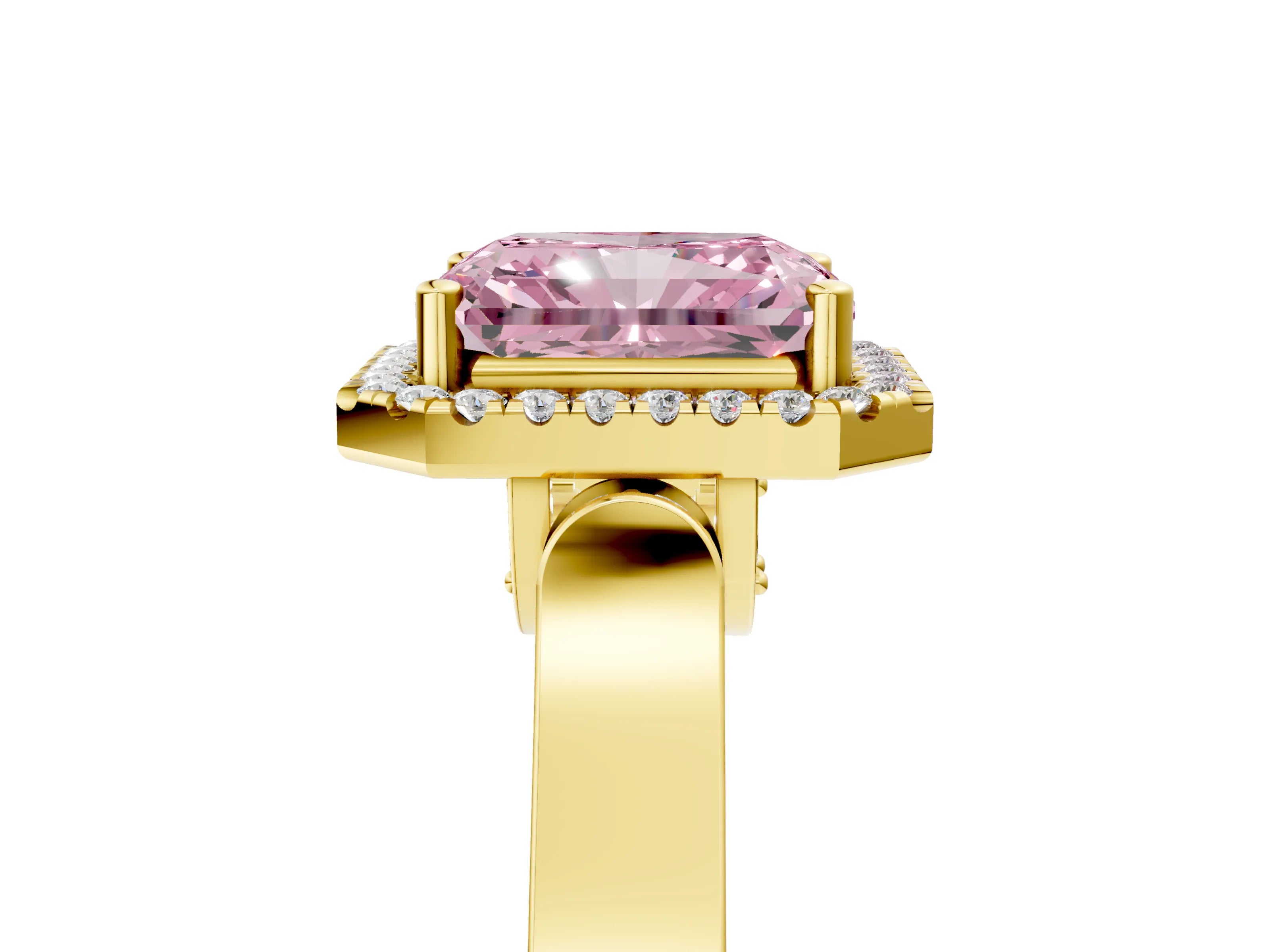 Yellow gold Fancy Pink Radiant Cut Halo Round Diamond Twist Band with Four-Prong Setting_5