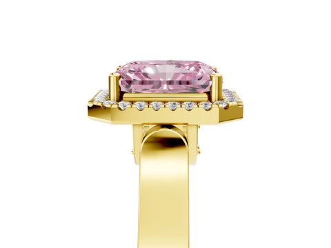 Yellow gold Fancy Pink Radiant Cut Halo Round Diamond Twist Band with Four-Prong Setting_5