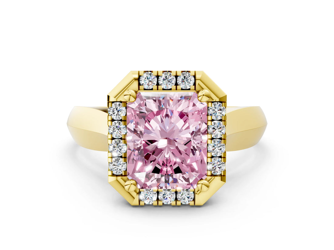 Yellow gold Fancy Pink Radiant  Cut Halo Solitaire Engagement Ring with Square Band and Four-Prong Setting_12