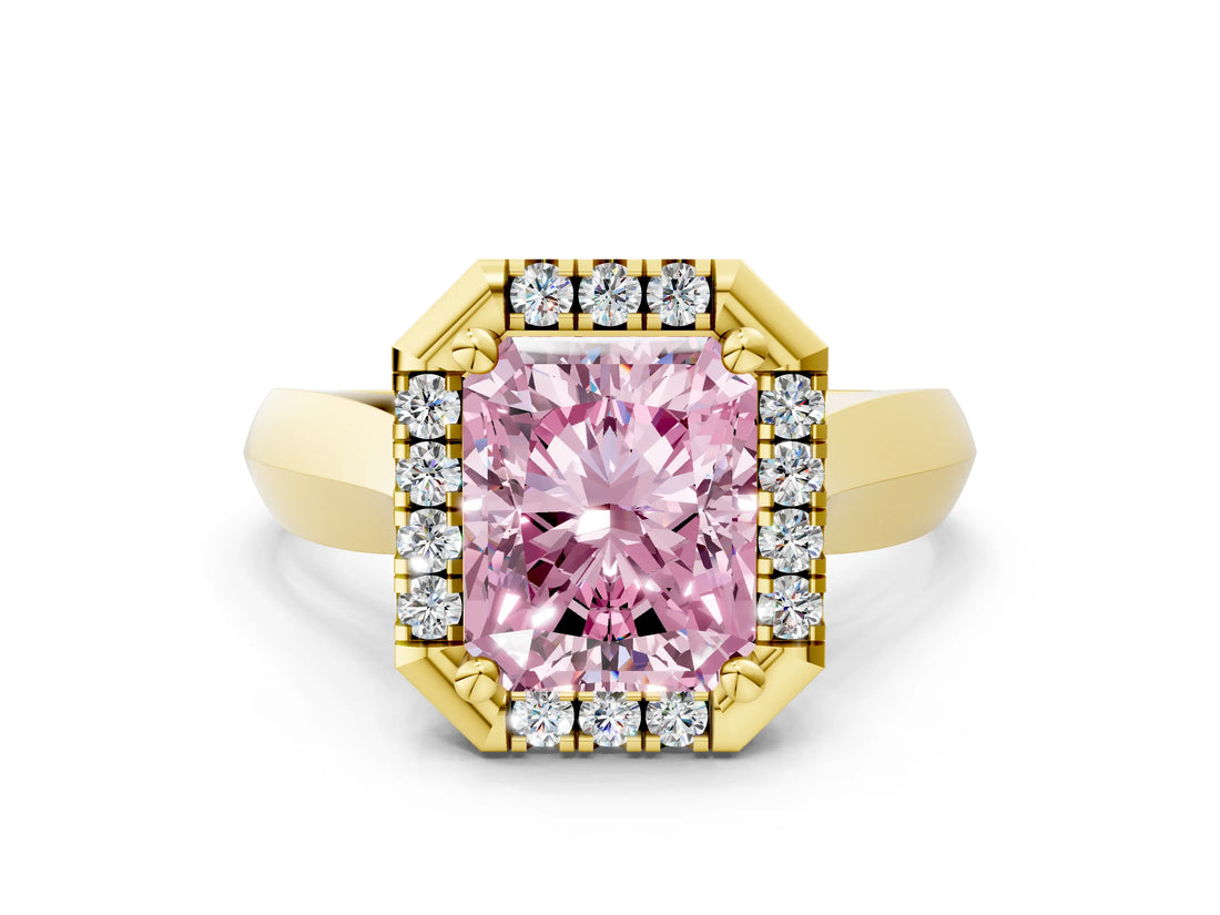 Yellow gold Fancy Pink Radiant  Cut Halo Solitaire Engagement Ring with Square Band and Four-Prong Setting_67
