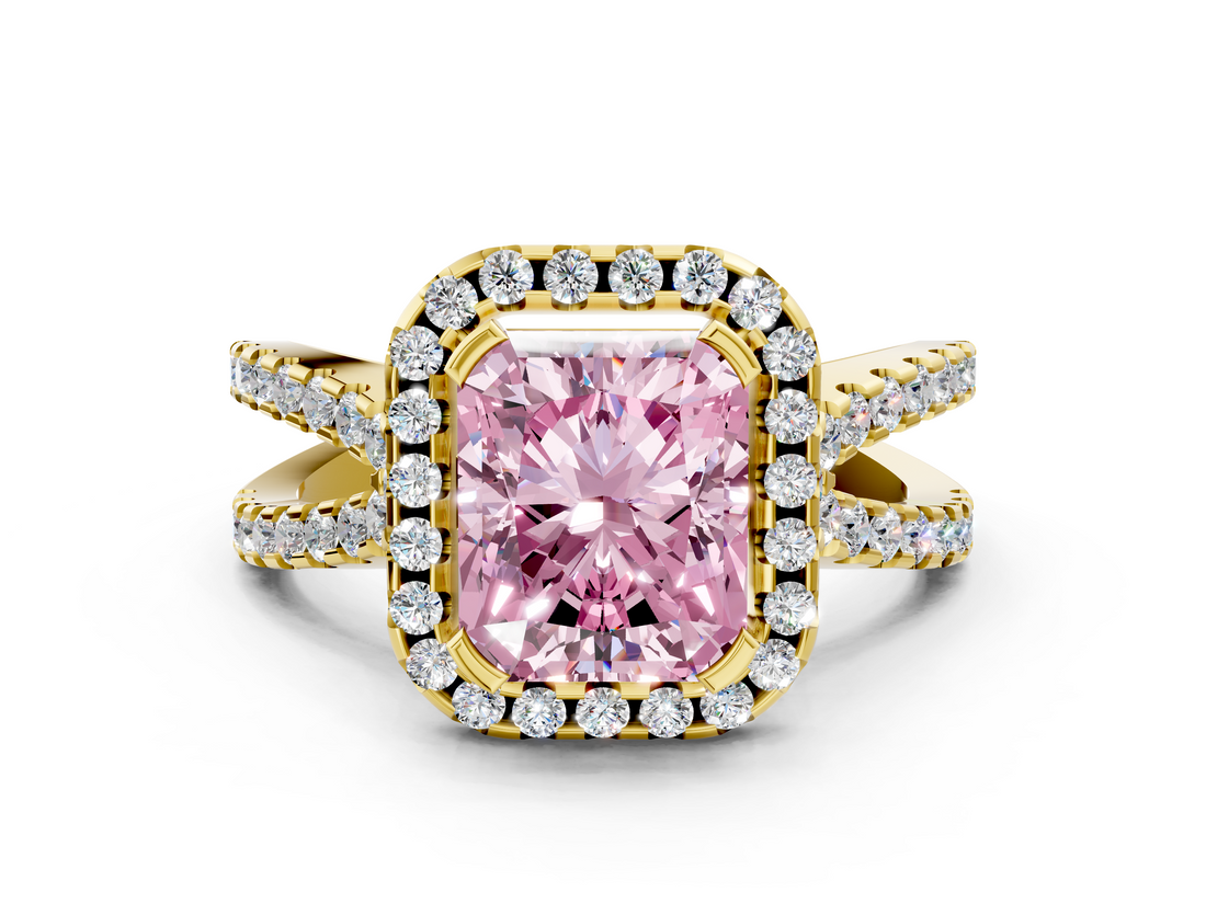 Yellow gold Fancy Pink Radiant  Cut Halo Split Shank Pave Set Ring_61