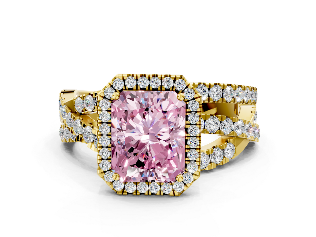 Yellow gold Fancy Pink Radiant  Cut Halo Split Shank Prong Setting Ring_59