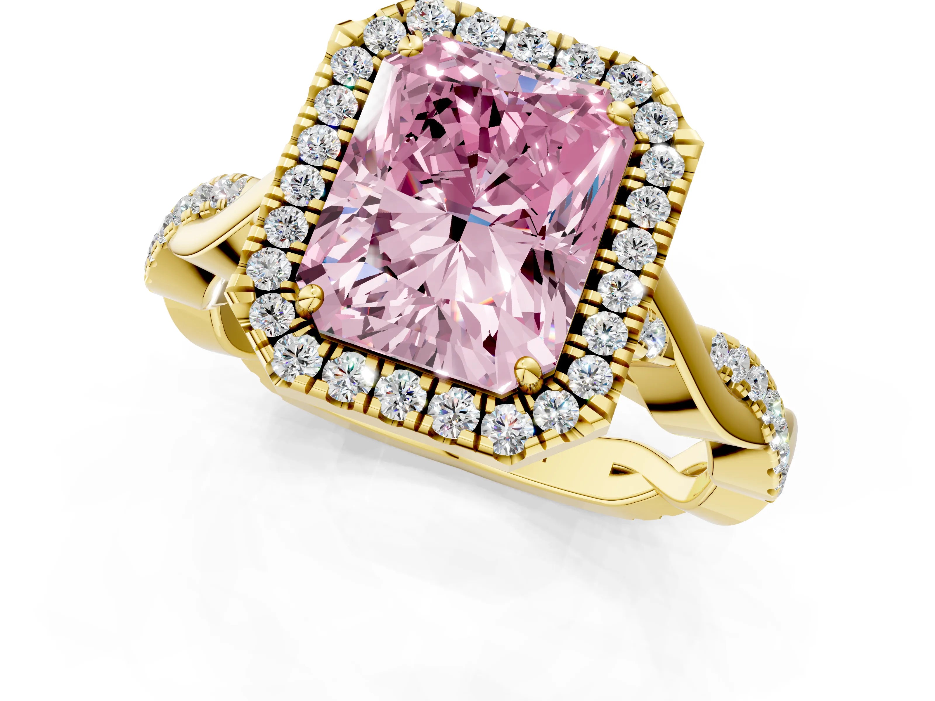 Yellow gold Fancy Pink Radiant Cut Halo Twist Band with Four-Prong Setting_1