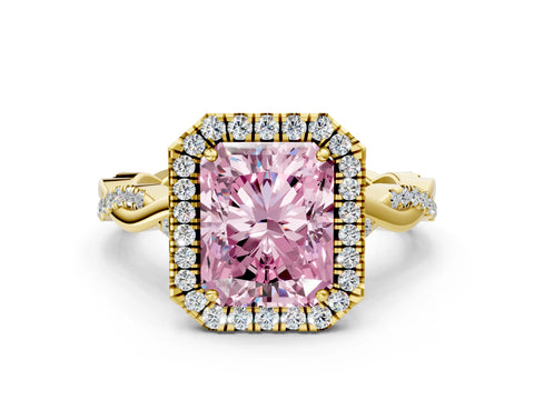 Yellow gold Fancy Pink Radiant Cut Halo Twist Band with Four-Prong Setting_12