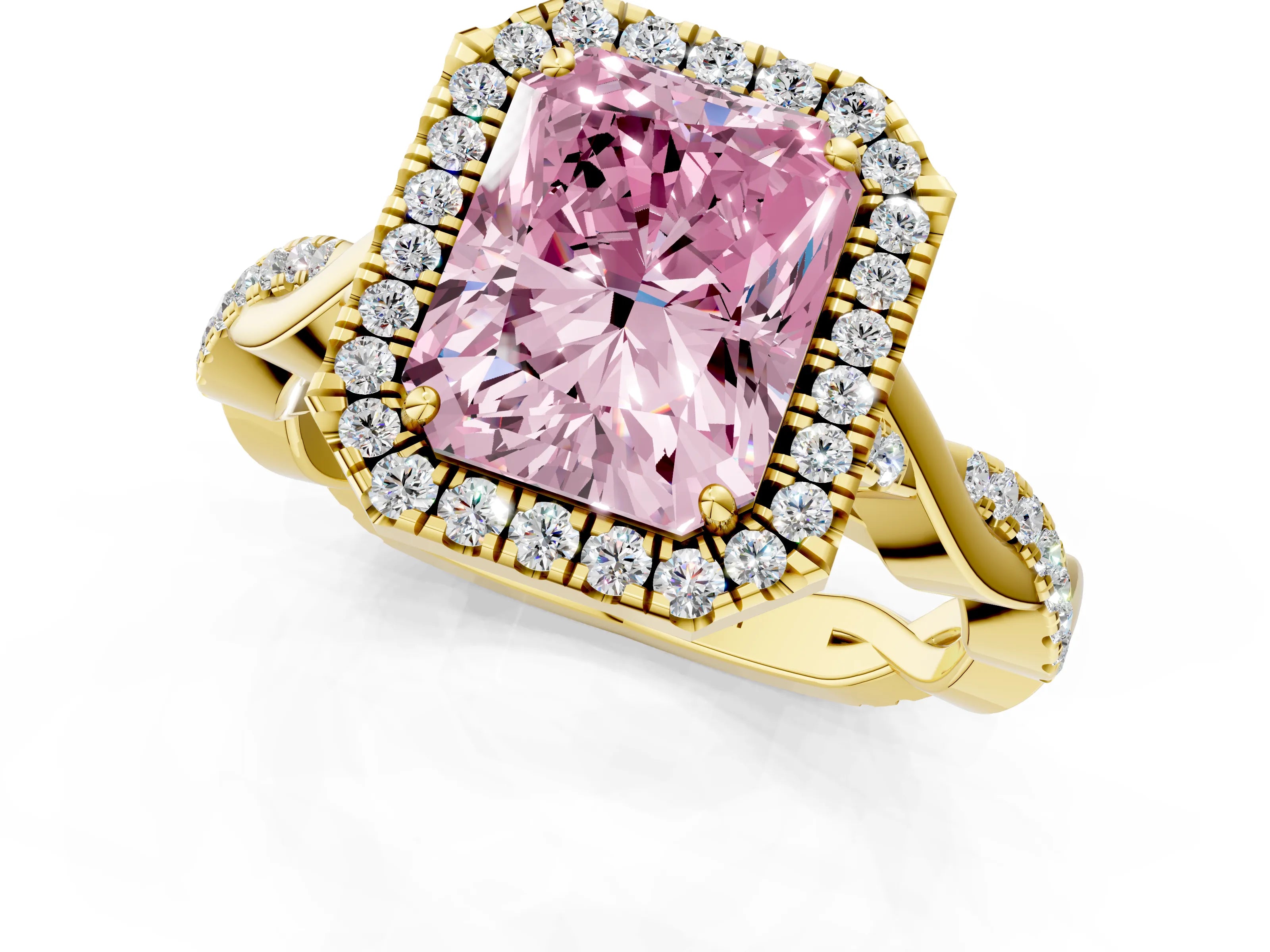 Yellow gold Fancy Pink Radiant Cut Halo Twist Band with Four-Prong Setting_13
