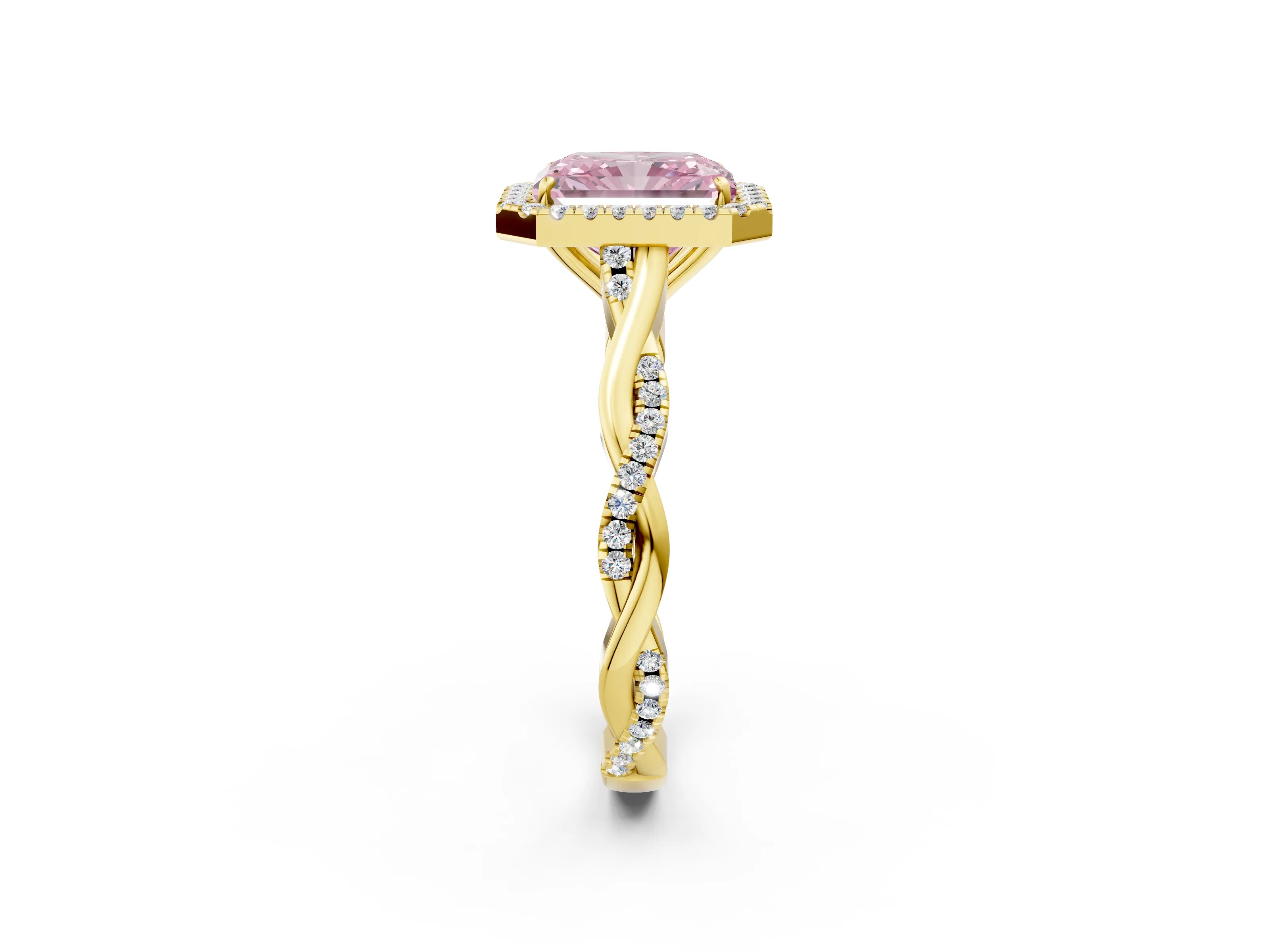 Yellow gold Fancy Pink Radiant Cut Halo Twist Band with Four-Prong Setting_14