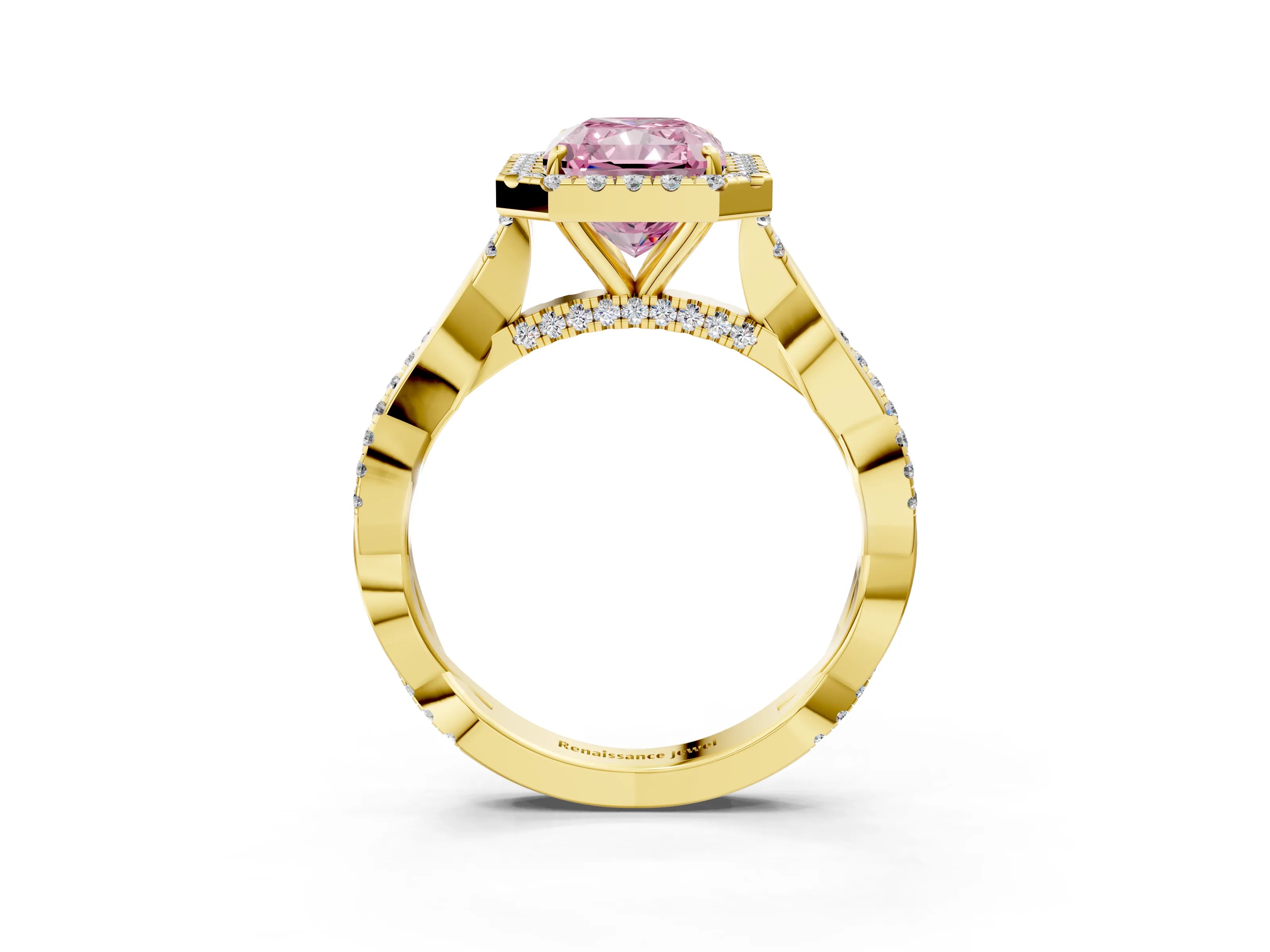 Yellow gold Fancy Pink Radiant Cut Halo Twist Band with Four-Prong Setting_15
