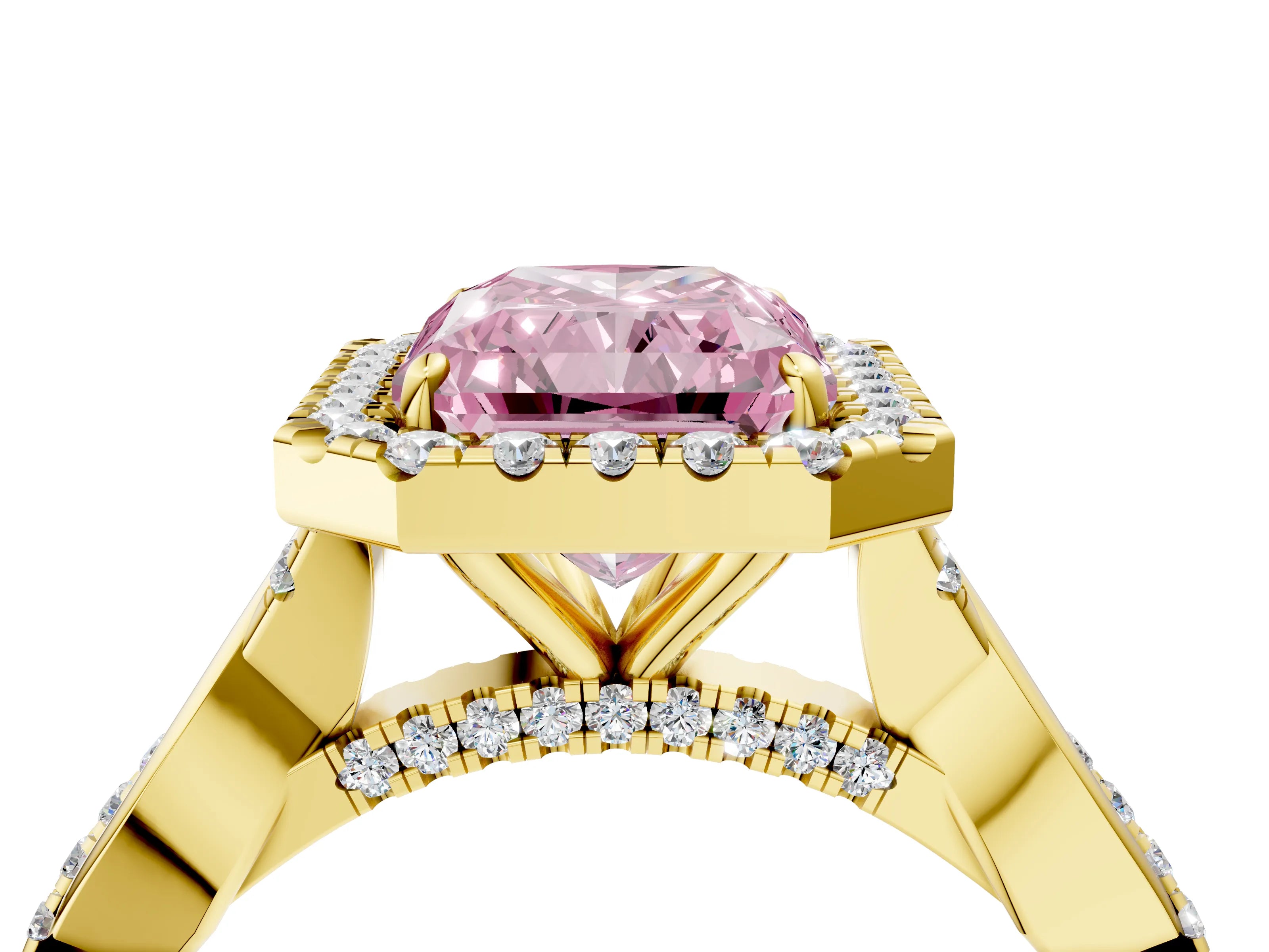Yellow gold Fancy Pink Radiant Cut Halo Twist Band with Four-Prong Setting_16