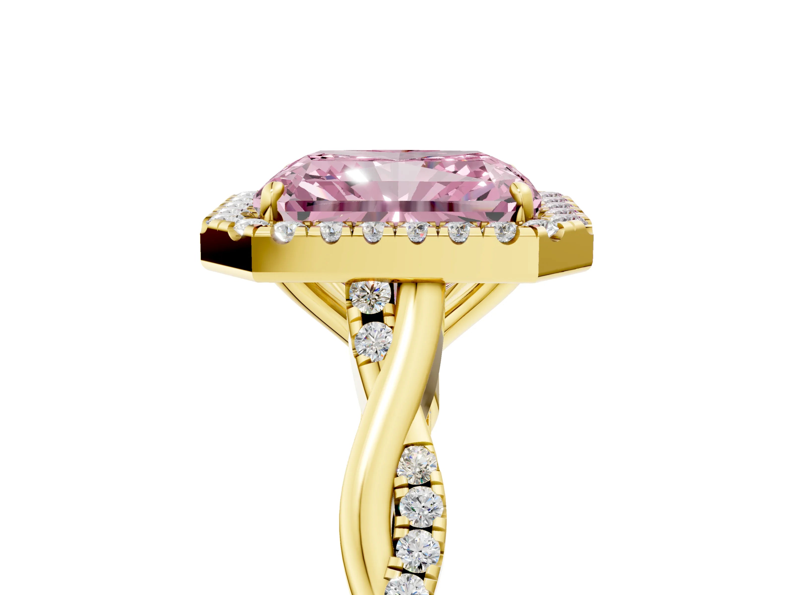 Yellow gold Fancy Pink Radiant Cut Halo Twist Band with Four-Prong Setting_17