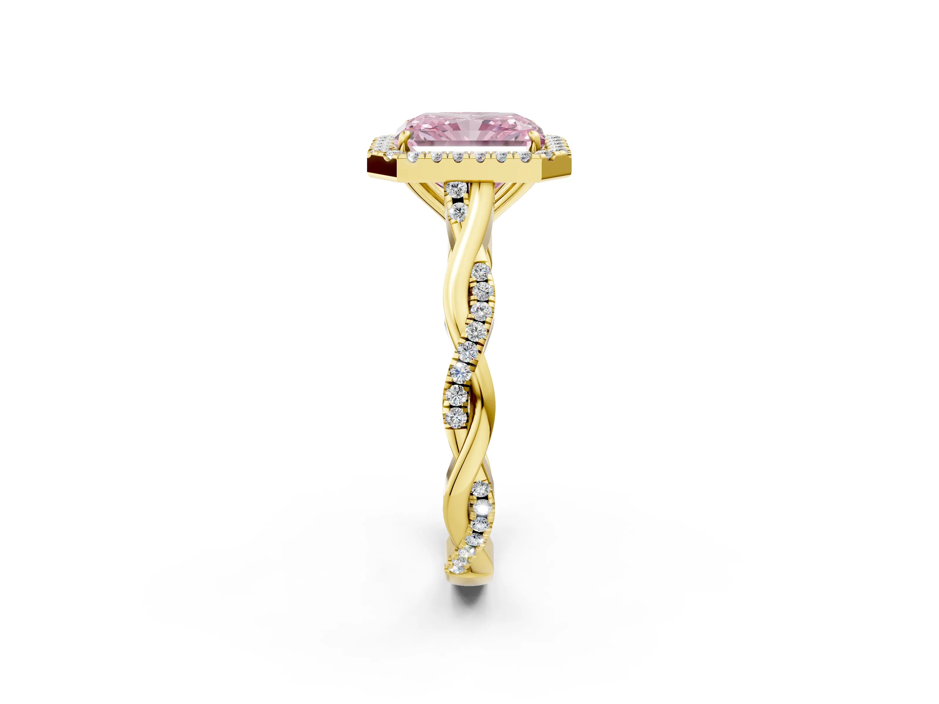 Yellow gold Fancy Pink Radiant Cut Halo Twist Band with Four-Prong Setting_2