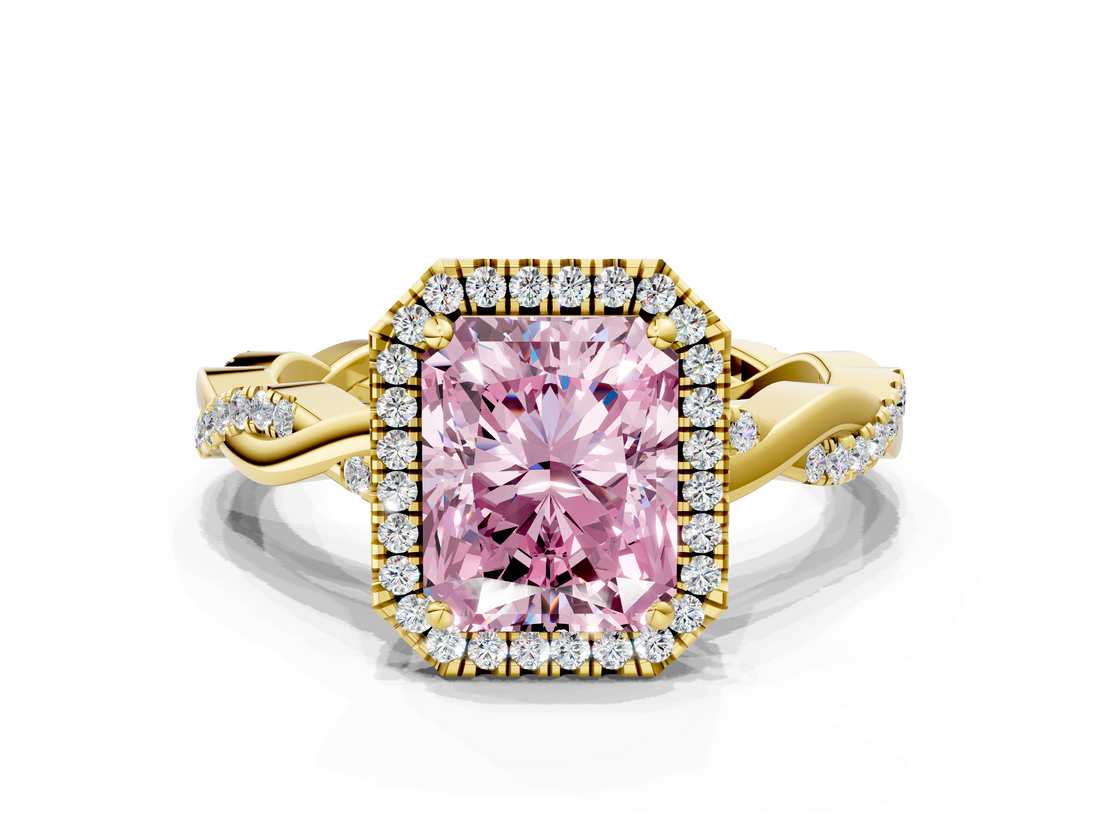 Yellow gold Fancy Pink Radiant  Cut Halo Twisted Band Four-Prong Ring_20