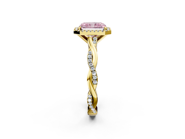 Yellow gold Fancy Pink Radiant  Cut Halo Twisted Band Four-Prong Ring