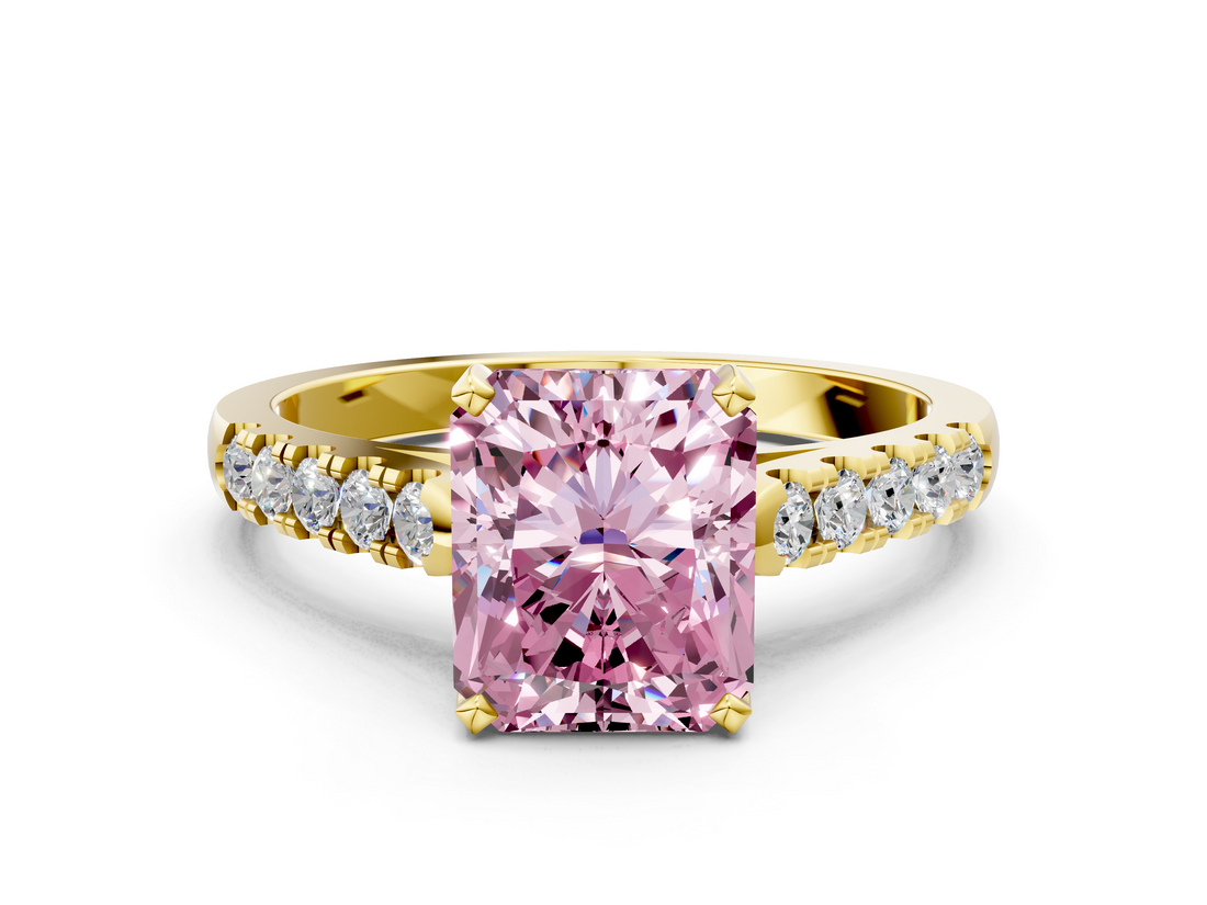 Yellow gold Fancy Pink Radiant  Cut Pavé Band Solitaire Ring with Four-Prong Setting_39