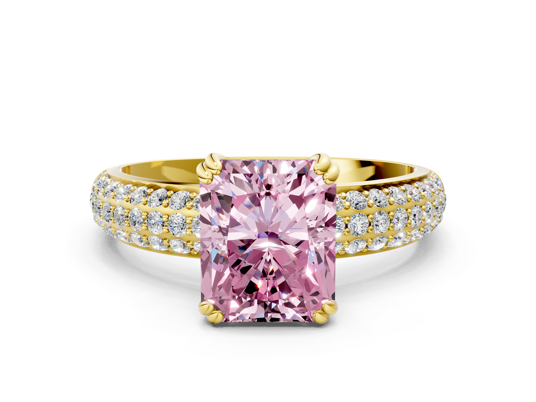 Yellow gold Fancy Pink Radiant  Cut Pave Diamond Engagement Ring with Channel Set Band and Four-Prong Setting_20