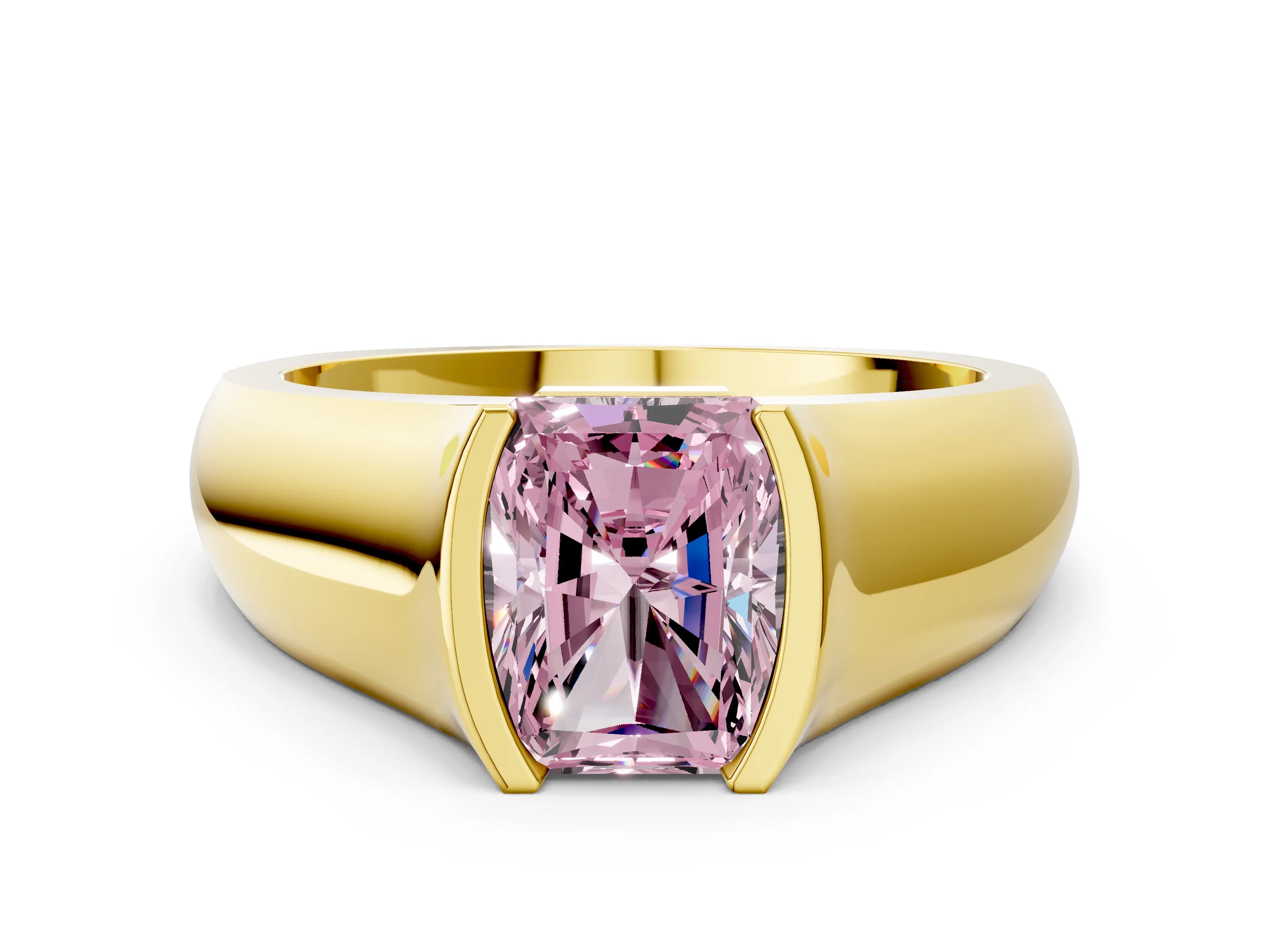 Yellow gold Fancy Pink Radiant Cut Solitaire Bezel Set Diamond Ring with Wide Band
