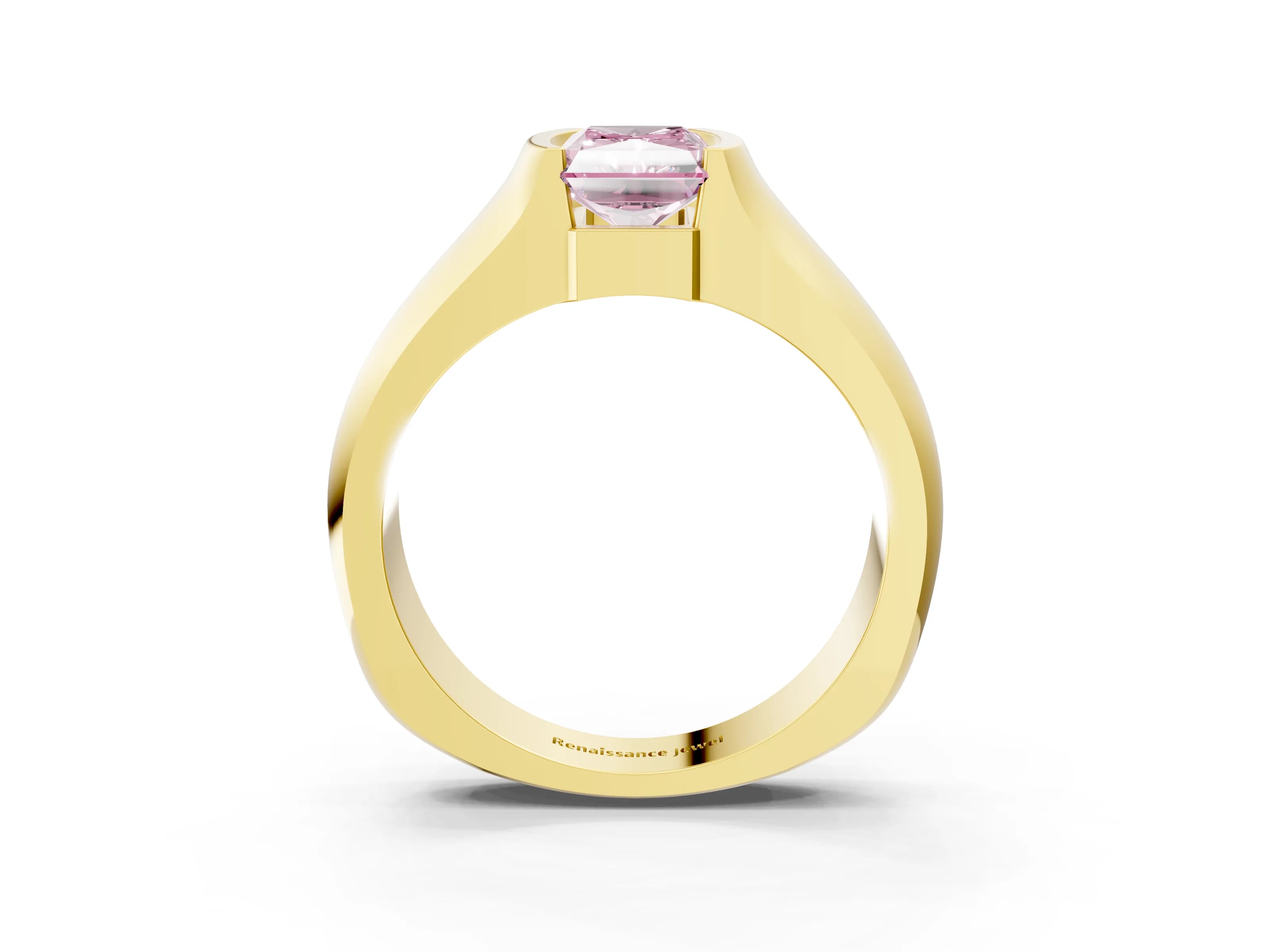 Yellow gold Fancy Pink Radiant Cut Solitaire Bezel Set Diamond Ring with Wide Band_3