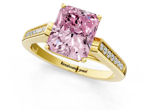 Yellow gold Fancy Pink Radiant Cut Solitaire Cathedral Diamond Engagement Ring with Channel-Set Band and Four-Prong Setting_4