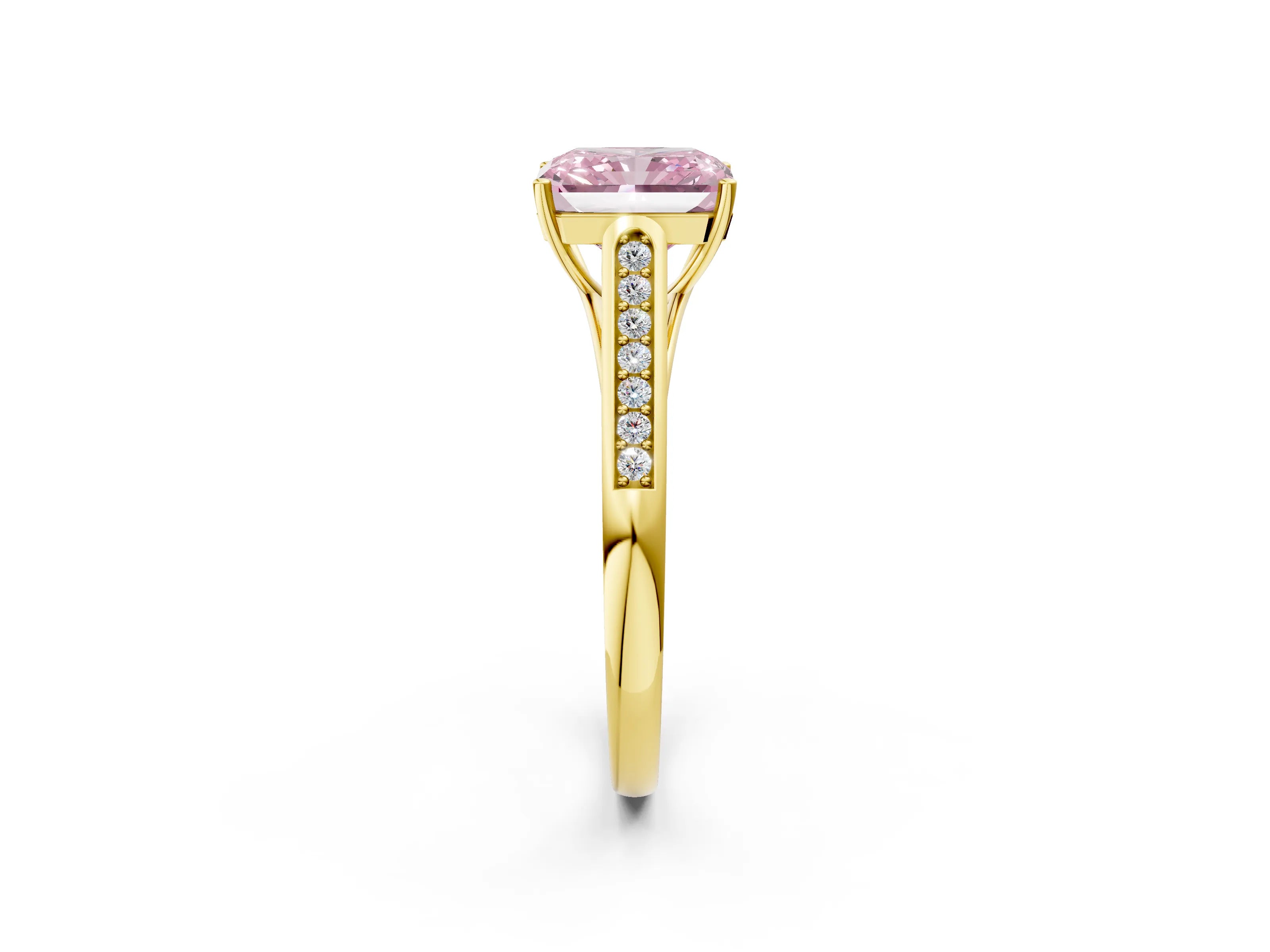 Yellow gold Fancy Pink Radiant Cut Solitaire Cathedral Diamond Engagement Ring with Channel-Set Band and Four-Prong Setting_5